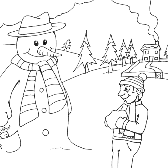 Boy and Snowman Colouring Picture