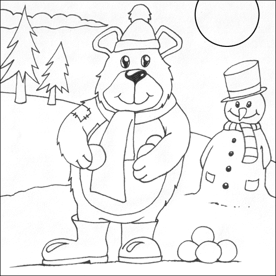 Snowman Teddy Bear Colouring Page